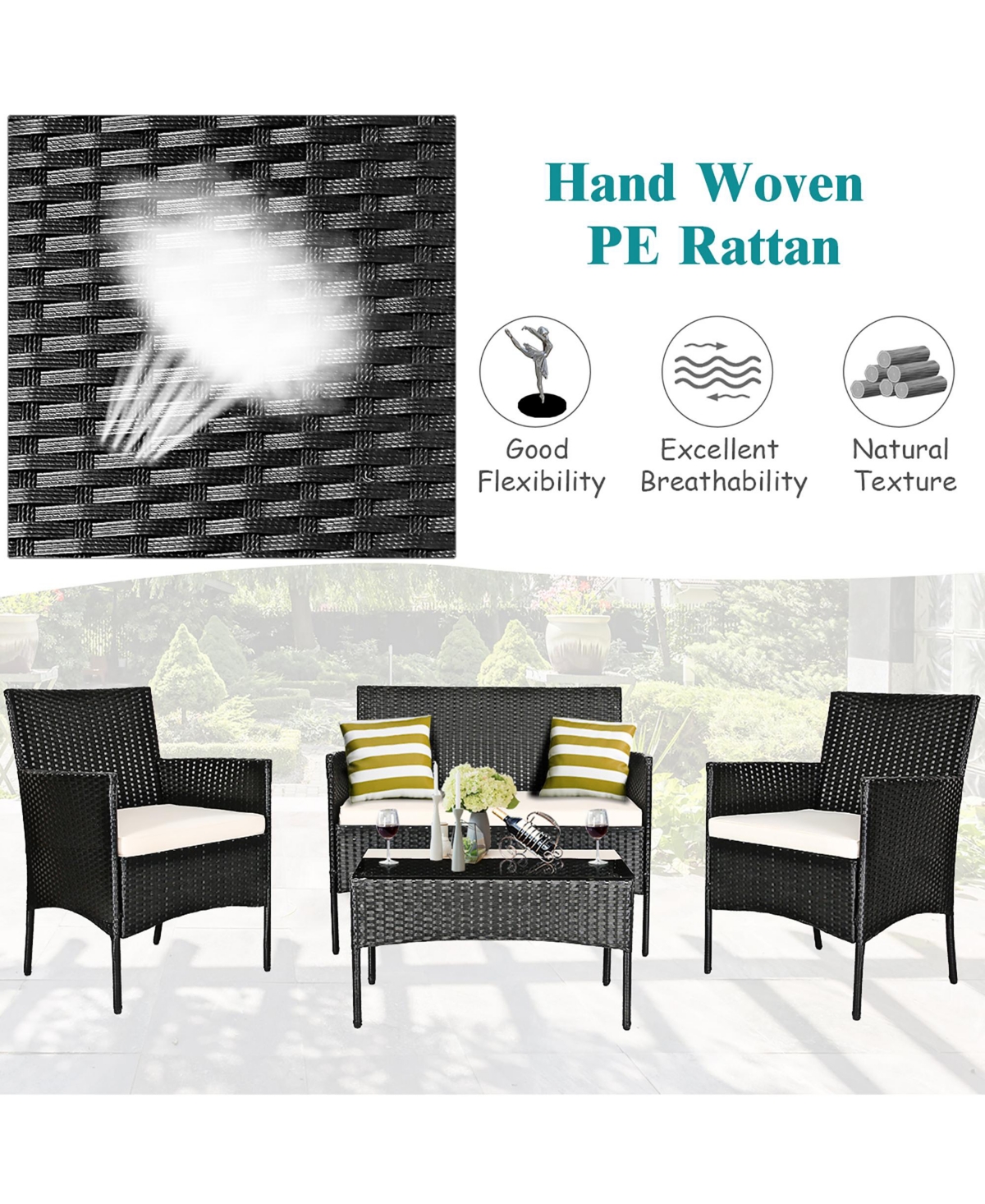 Costway 4PCS Patio Rattan Cushioned Sofa Coffee Table Backyard Porch