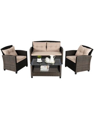 4pcs Patio Rattan Conversation Set Cushioned Outdoor Furniture Set