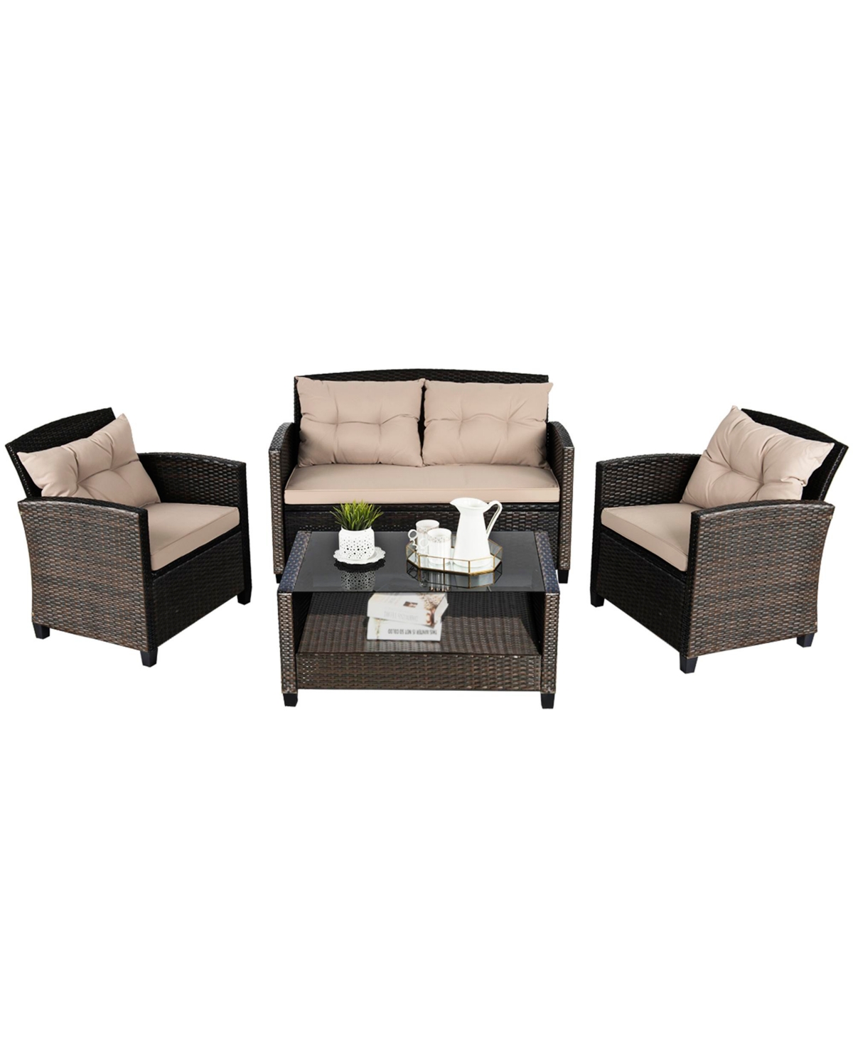 Gymax 4pcs Patio Rattan Conversation Set Cushioned Outdoor Furniture Set - Light beige+brown