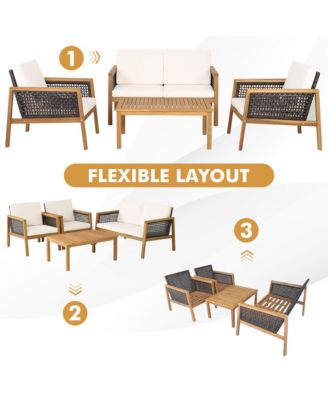 4PCS Patio Acacia Wood Furniture Set PE Rattan Conversation Set with Off White Cushions