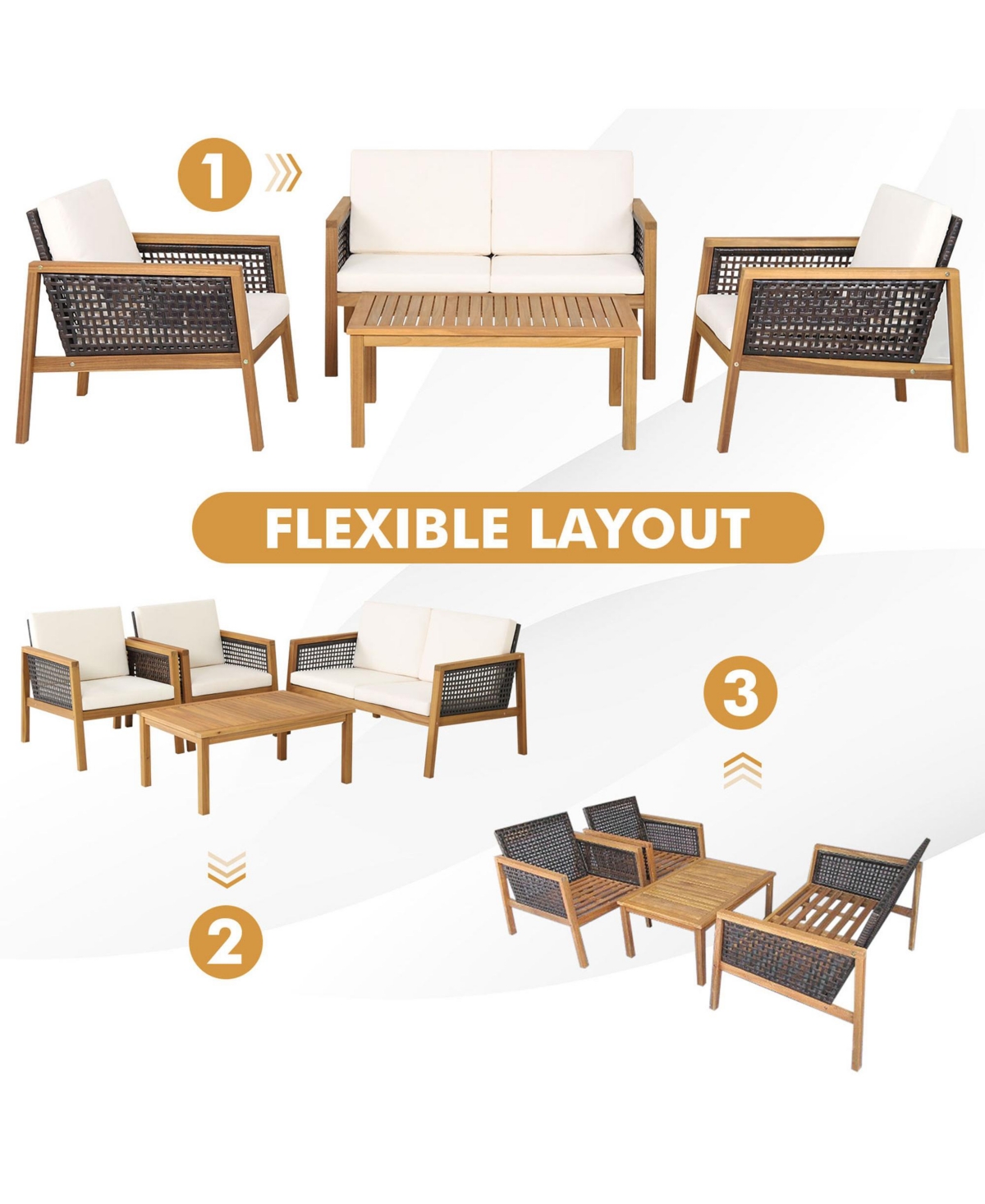 Gymax 4PCS Patio Acacia Wood Furniture Set Pe Rattan Conversation Set with Off White Cushions