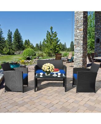4PCS Rattan Outdoor Conversation Set Patio Furniture Set w/ Navy Cushions