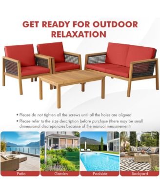 4PCS Patio Acacia Wood Furniture Set PE Rattan Conversation Set w/ Red Cushions