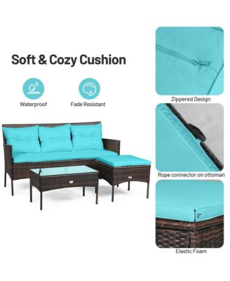 3PCS Patio Rattan Sectional Conversation Furniture Set w/ Turqouise Cushions