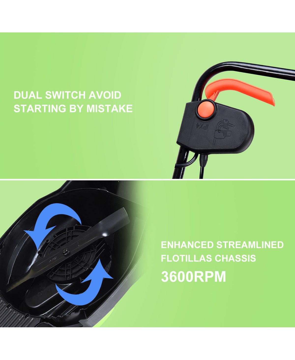 12 Amp 14-Inch Electric Push Lawn Corded Mower With Grass Bag