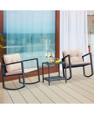 3PC Patio Rattan Conversation Set Rocking Chair Cushioned