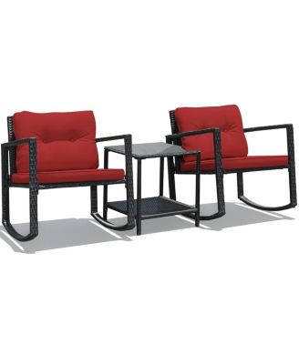 3PC Patio Rattan Conversation Set Rocking Chair Cushioned