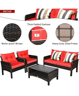 4PCS Patio Rattan Furniture Set Loveseat Sofa Coffee Table Garden