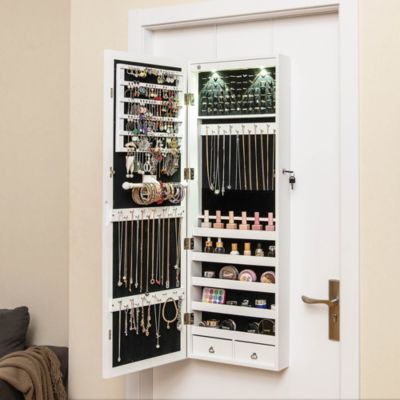 Wall Mount Mirrored Jewelry Cabinet Organizer LED Lights