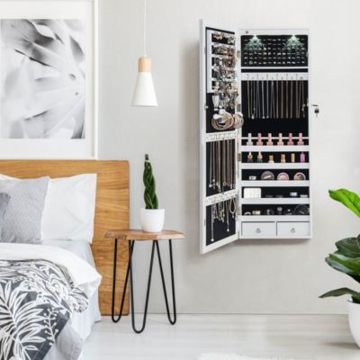 Wall Mount Mirrored Jewelry Cabinet Organizer LED Lights