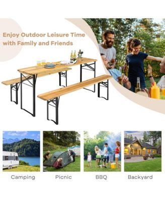 3 PCS Beer Table Bench Set Folding Wooden Top Picnic Table Patio Garden