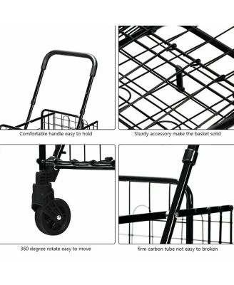 Folding Shopping Cart Jumbo Basket Rolling Utility Trolley Adjustable Handle