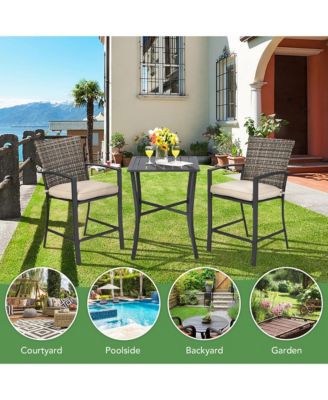 Patio Rattan Bar Furniture Set Slat Table 2 Cushioned Stools Poolside