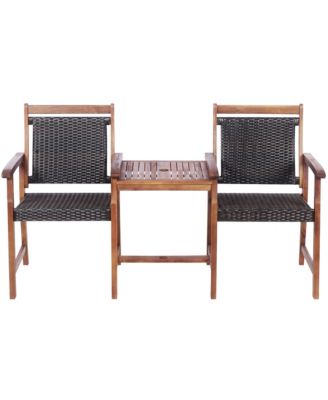 2-Seat Patio Rattan Bench Acacia Wood Frame Table W/Umbrella Hole Deck