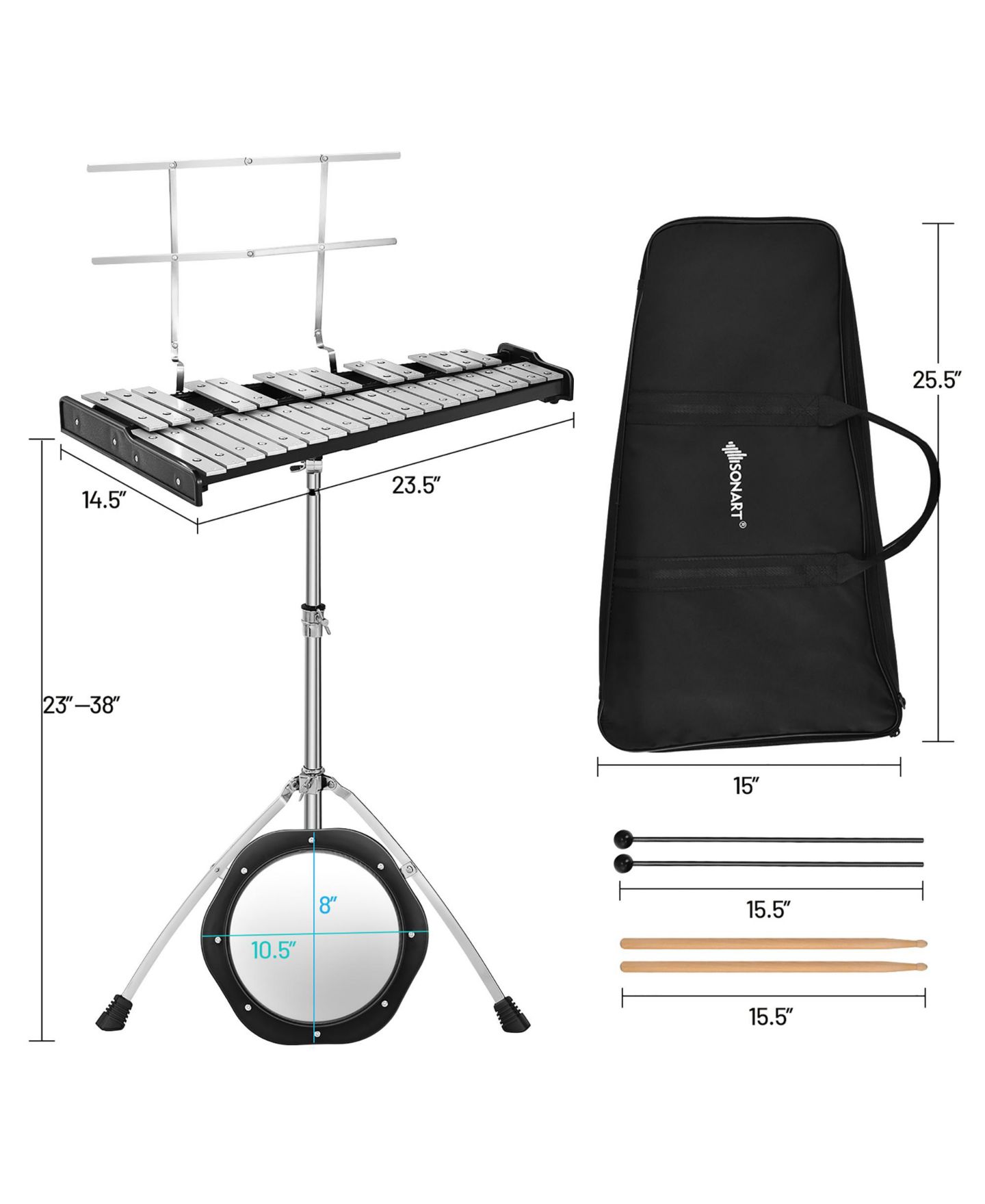 Детские игрушки Costway 32-Note Glockenspiel Height-Adjustable 7-Piece Percussion Bell Kit, Ages 5+, цвет: Чёрный — фото 4