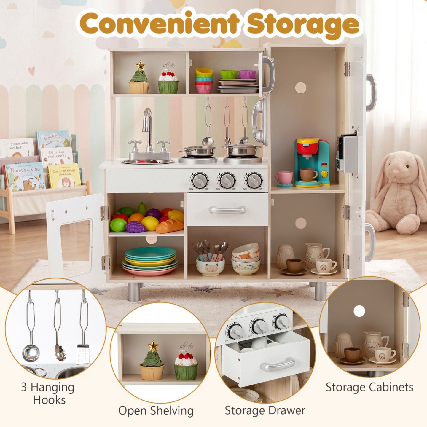 Детские игрушки Costway Water Dispenser 5-Piece Wooden Play Kitchen, от 3 лет, цвет: Белый — фото 8