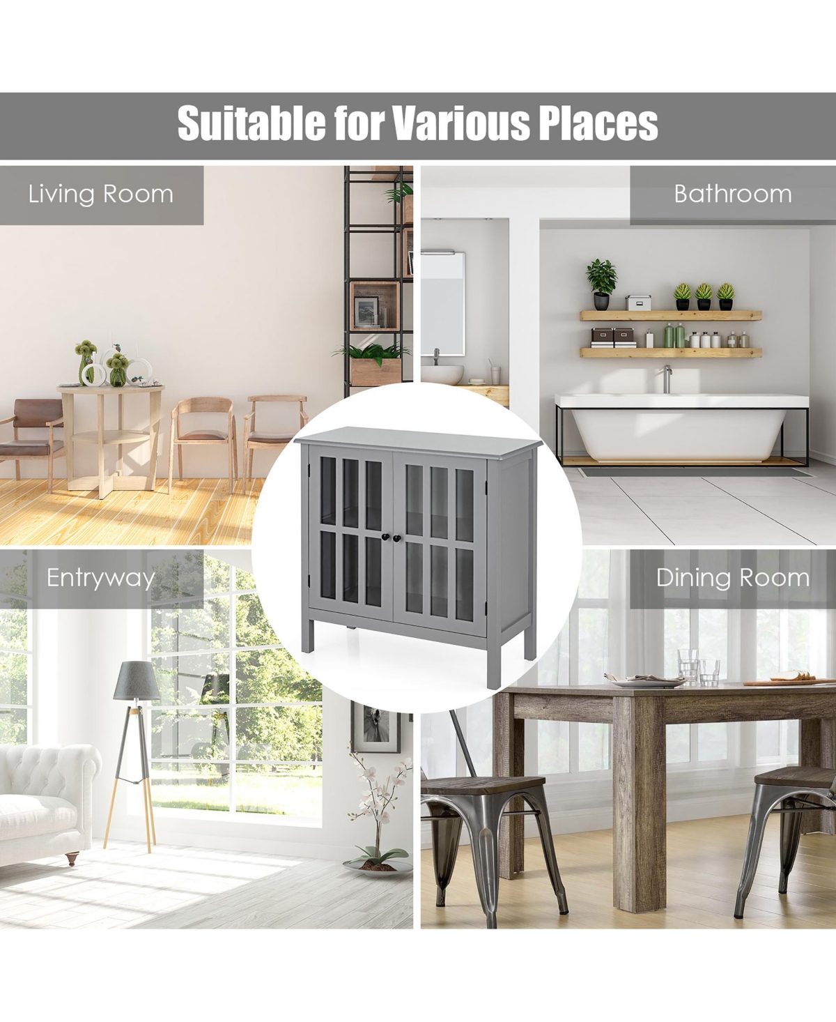 Costway Storage Buffet Cabinet Glass Door Sideboard Console Table Server