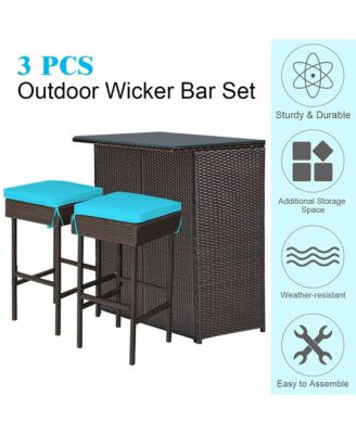 3PCS Patio Rattan Wicker Bar Table Stools Dining Set Cushioned Chairs