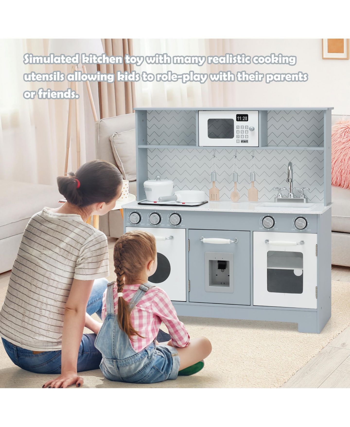 Детские игрушки Costway Realistic Light & Sound 6-Piece Wooden Play Kitchen, Ages 3+, цвет: Серый — фото 4