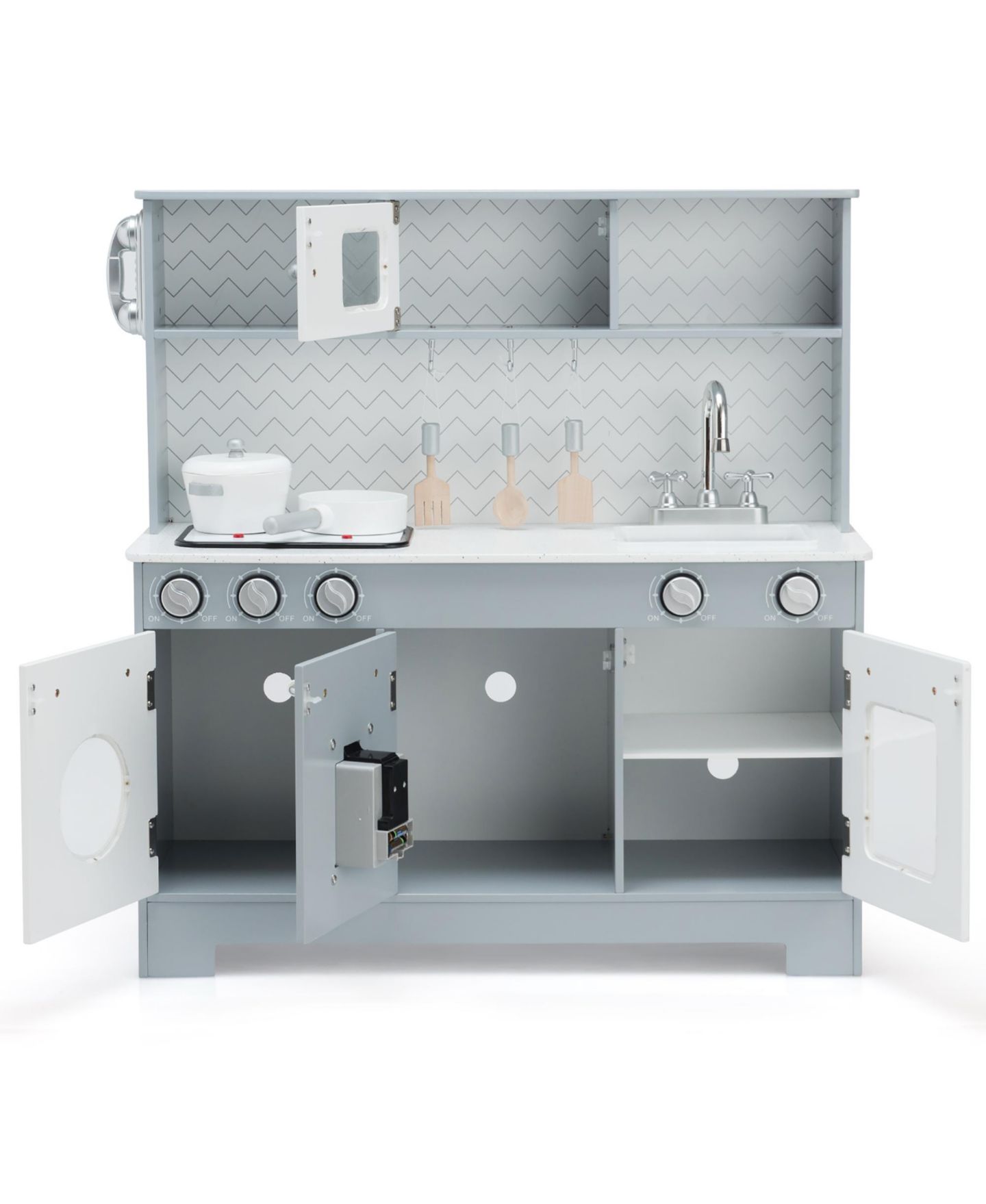 Детские игрушки Costway Realistic Light & Sound 6-Piece Wooden Play Kitchen, Ages 3+, цвет: Серый — фото 8