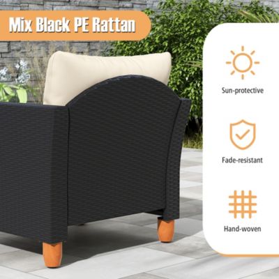 3PCS Outdoor Patio Rattan Furniture Set Wooden Table Cushioned Sofa