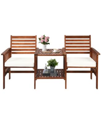Acacia Wood Loveseat Patio Outdoor Conversation Set w/ Table White Cushion