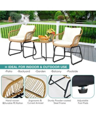 3-Piece Patio Bistro Set with 2 Rattan Chairs and Square Glass Coffee Table