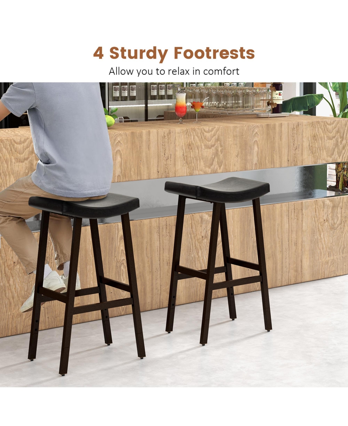 Costway Saddle Bar Stools Set of 2 Height Adjustable Upholstered Saddle Seat & Footrest