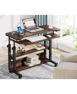 Portable Desk with Power Outlets, Height Adjustable Side Table Sofa Couch Bedside Laptop Computer Cart with USB Charging Ports, Mobile Small Standing Desk with Keyboard Tray