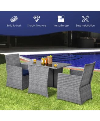 3PCS Outdoor Rattan Conversation Set Patio Dining Table Set w/ Navy Cushions