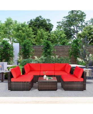 6PCS Rattan Outdoor Sectional Sofa Set Patio Furniture Set w/ Red Cushions