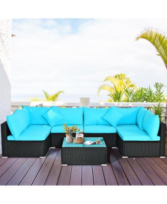 7PCS Rattan Patio Conversation Set Sectional Furniture Set w/ Blue Cushion