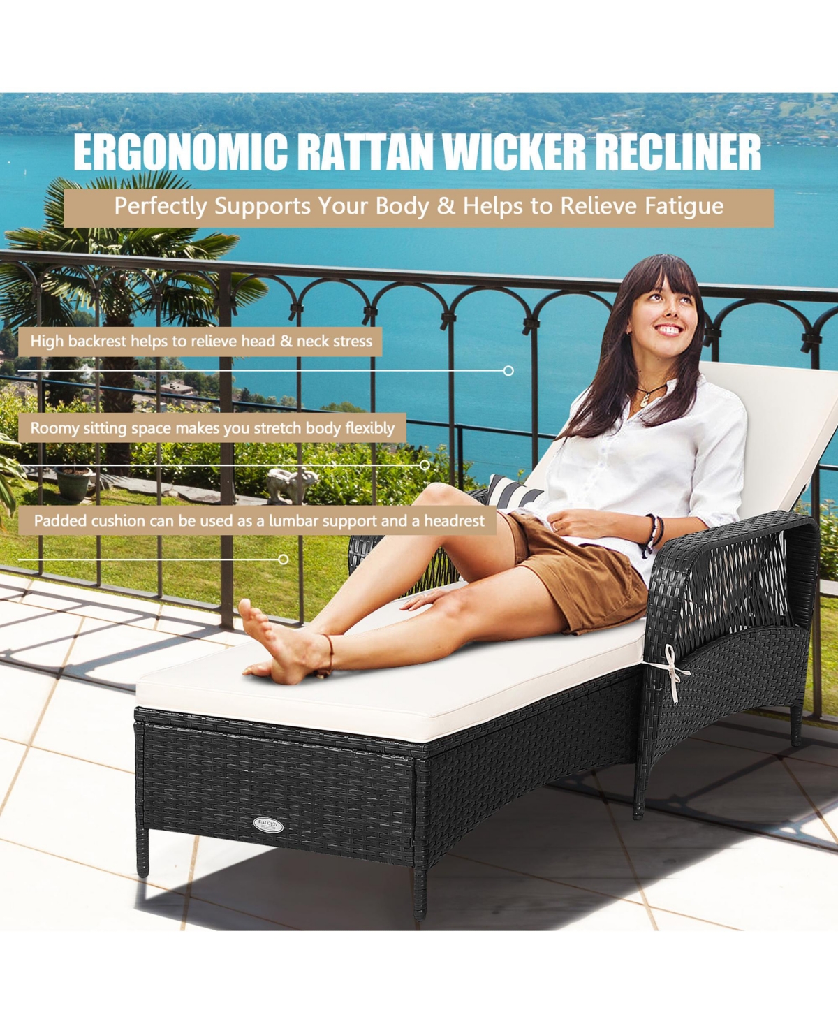 Gymax Set of 2 Adjustable Patio Rattan Lounge Chair Chaise Recliner w/ Cushion & Pillow - White+black