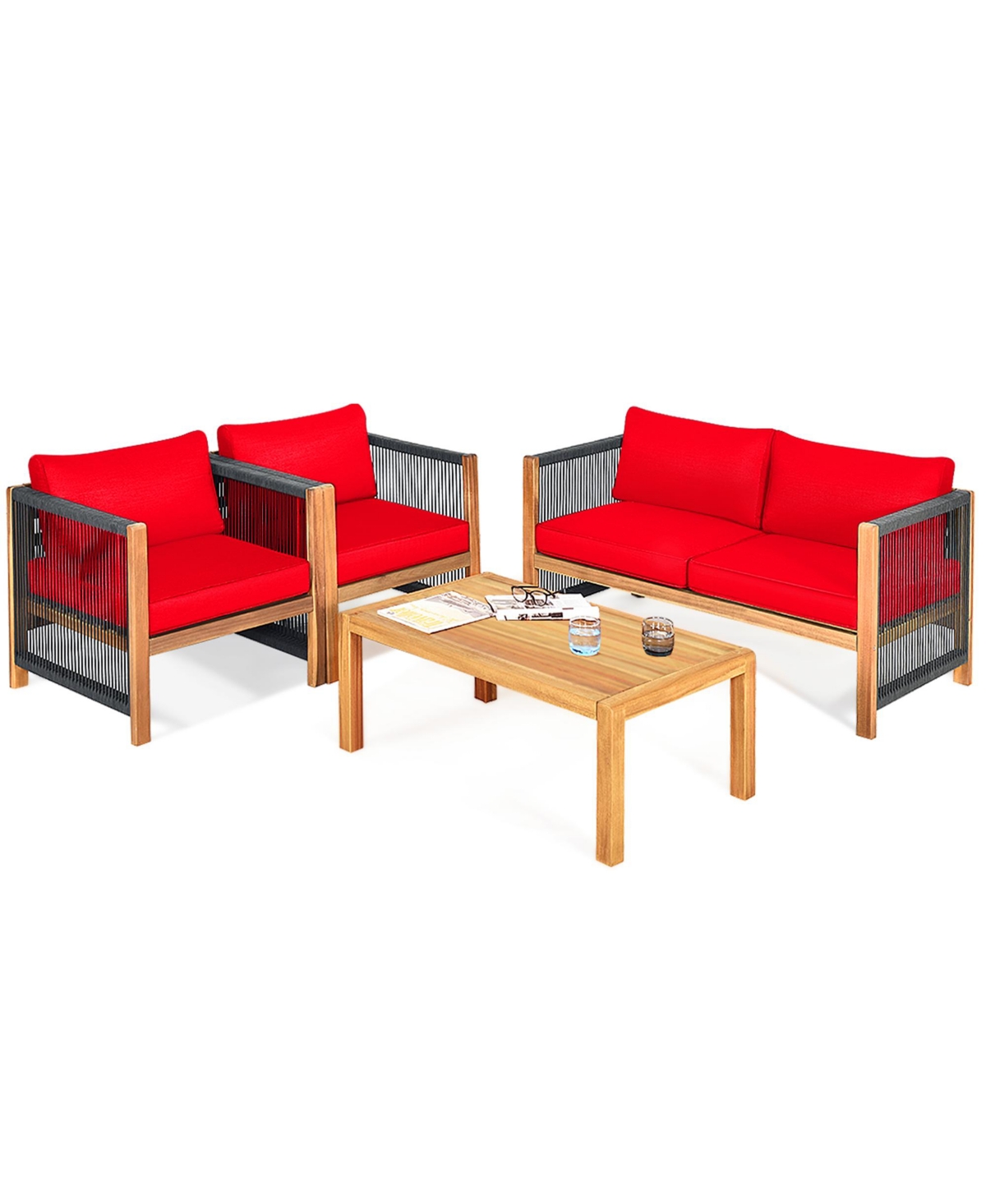 Gymax 8PCS Acacia Wood Outdoor Patio Furniture Conversation Set W/ Red Cushions
