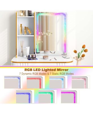 Vanity Table Set with RGB LED Lights Crystal Crush Diamond Mirror Drawers