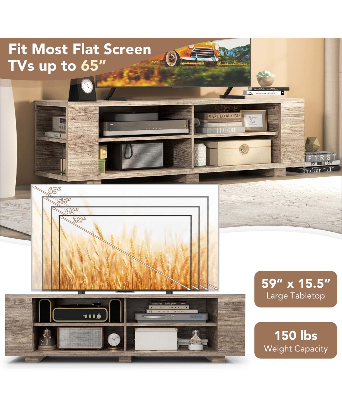 59" Wood Tv Stand Console Storage Entertainment Media Center with Shelf