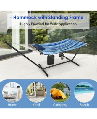 Hammock Chair Stand Set Cotton Swing with Pillow Cup Holder Indoor Outdoor