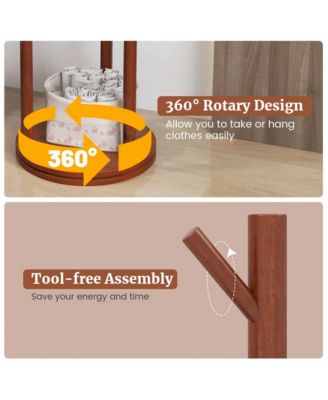 Freestanding Wooden Coat Tree 360&amp;#xB0; Rotary Coat Rack with 3 Display Storage Shelves