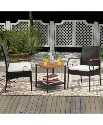 4PCS Patio PE Wicker Chairs Acacia Wood Armrests with Soft Zippered Cushion Garden