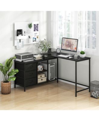 L-shaped Computer Desk with Power Outlet, Drawers, Metal Mesh Shelves