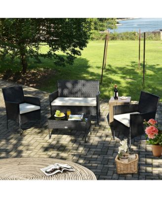 4PCS Patio Rattan Furniture Set Cushioned Sofa Coffee Table Backyard Porch