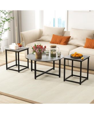 3 PCS Coffee Table Set Round Coffee Table and 2 PCS Square End Tables Metal Frame