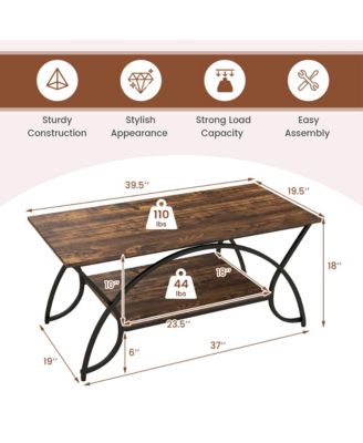 2-Tier Storage Shelf Industrial Coffee Table Rectangular Cocktail Table