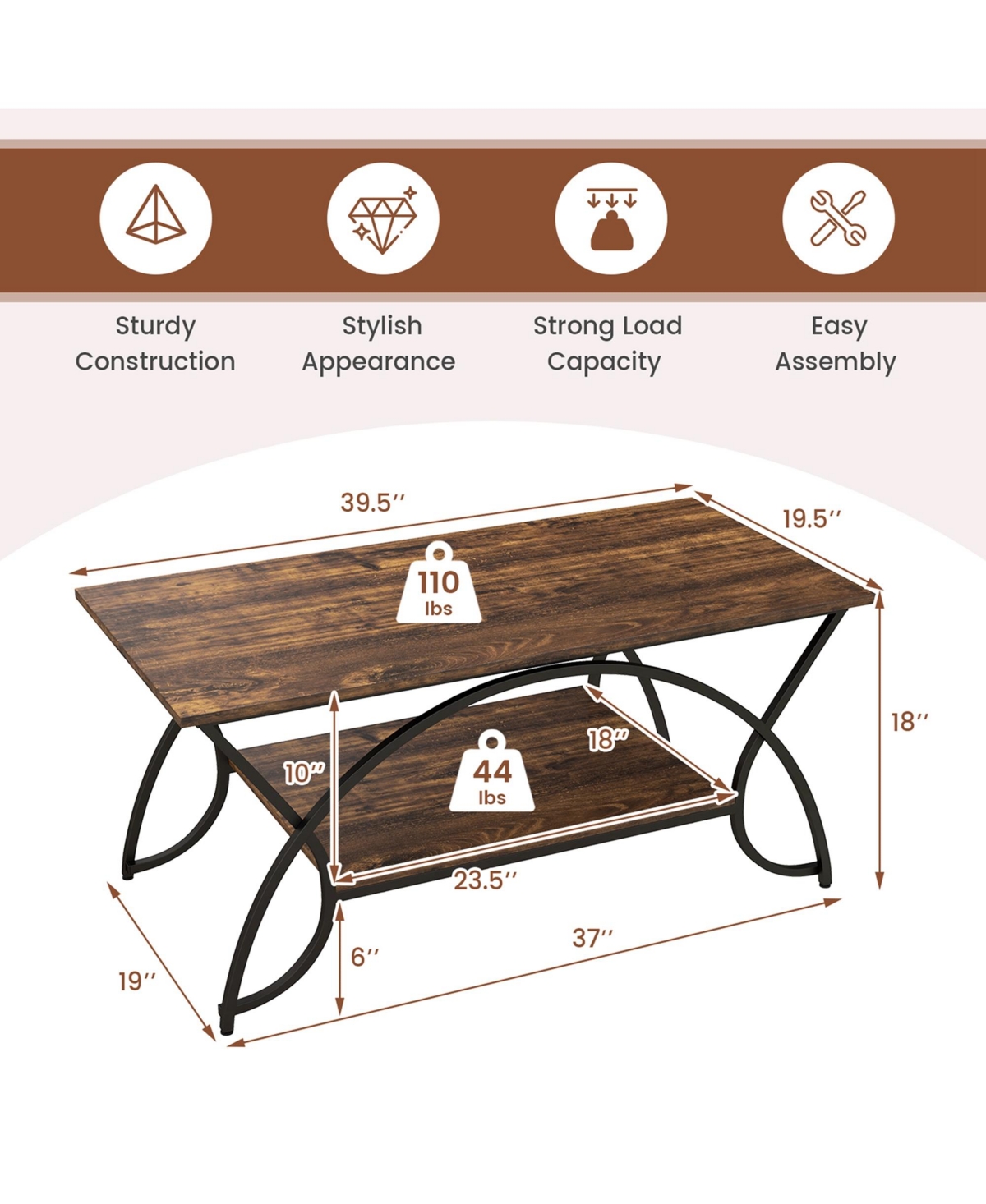 Costway 2-Tier Industrial Coffee Table Rectangular Cocktail Table with Storage Shelf