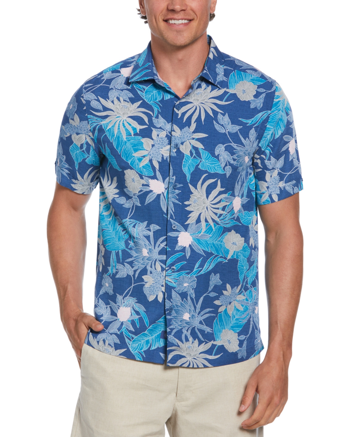 Men's Short Sleeve Button-Front Botanical Print Shirt - Dutch Blue