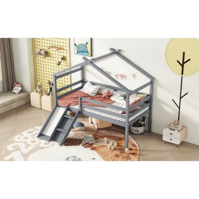 Twin Low Loft House Bed With Slide, Ladder, Safety Guardrails, House Roof Frame, Grey
