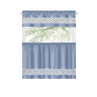 Pacifico Complete 3 Piece Rod Pocket Embroidered Tier and Valance Kitchen Curtain Set
