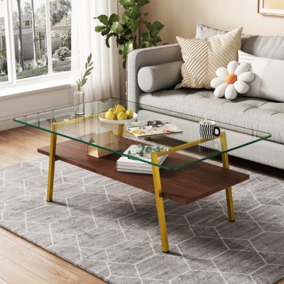 Transparent Glass Coffee Table, Gold Metal Legs
