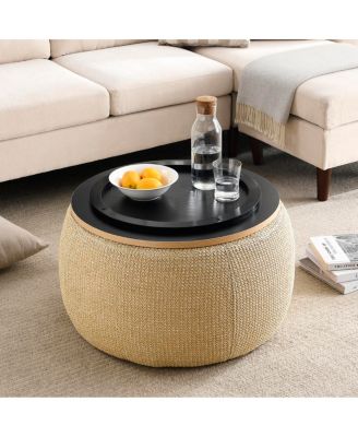Round Storage Ottoman, 2 In 1 Function, Work As End Table And Ottoman, Natural (25.5"X25.5"X14.5")