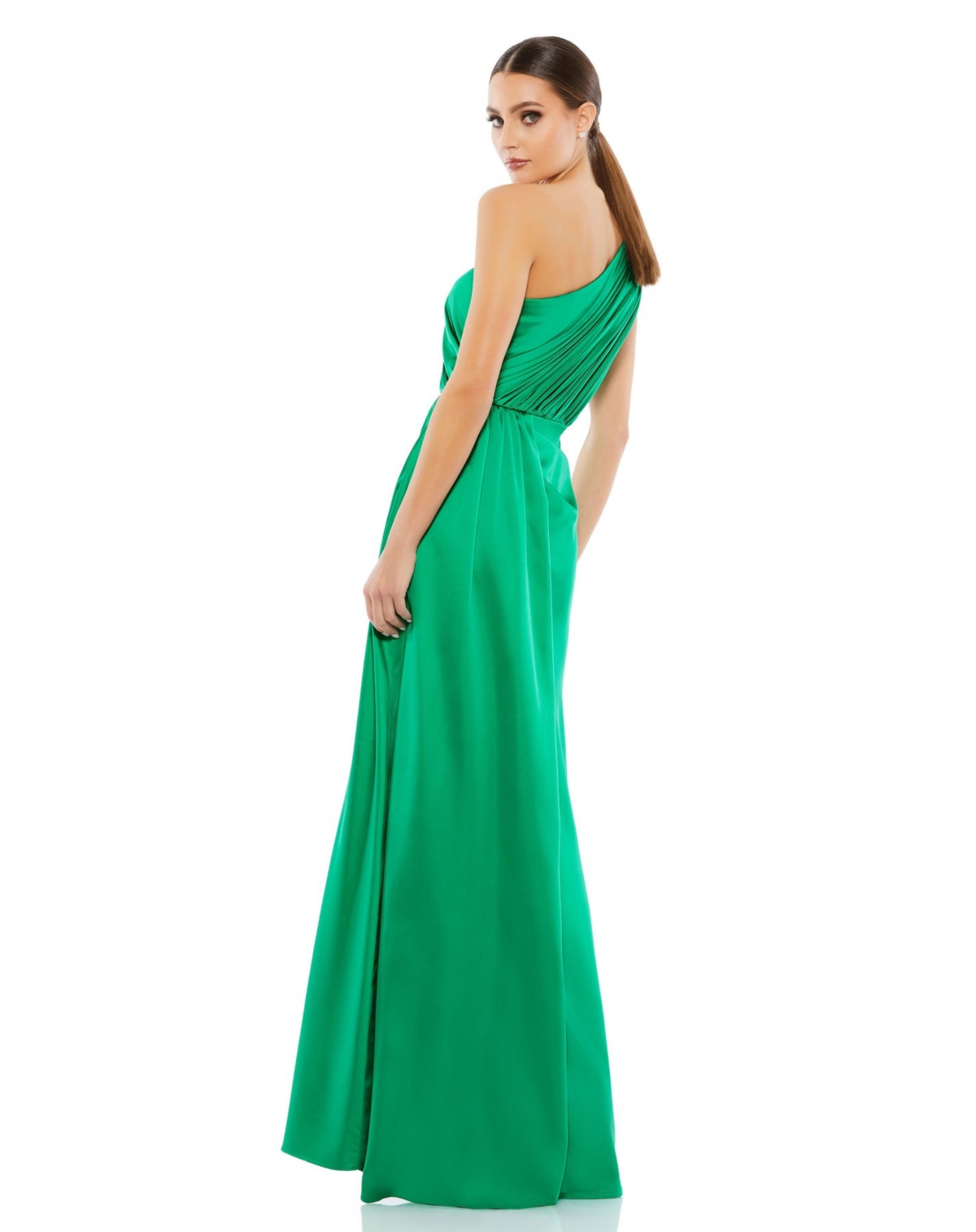 Mac Duggal Women's Ieena Gathered One Shoulder Satin Faux Wrap Gown